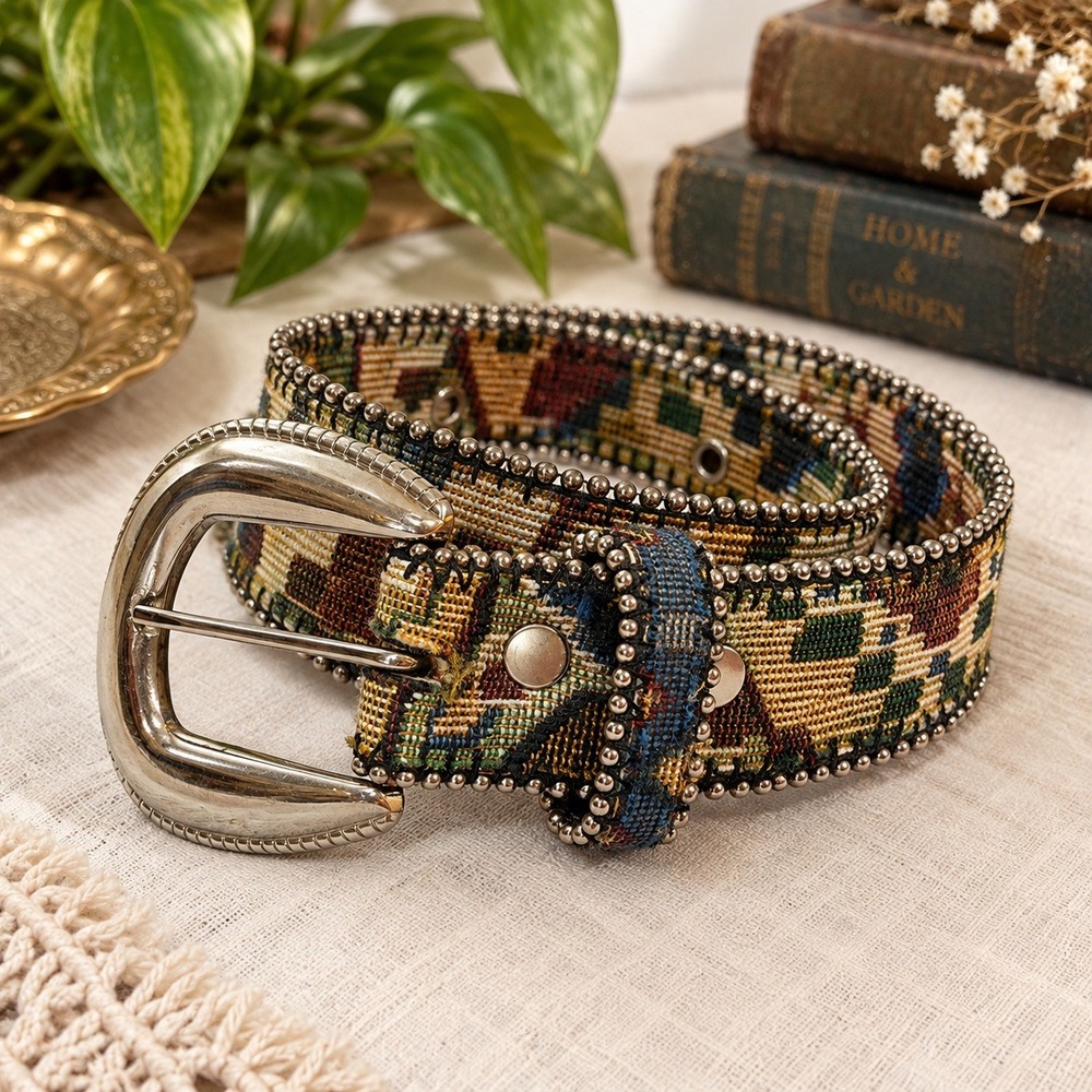 Vintage Tapestry Western Belt Silver Ball Chain Trim Medium Cowgirl Rodeo Ranch